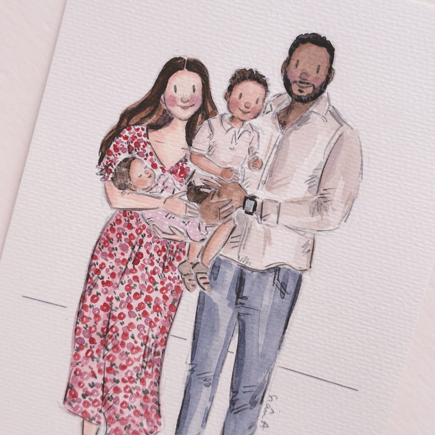 Custom watercolour family portrait and illustration by artist Siân Alexia Paine at Siân Alexia Illustration