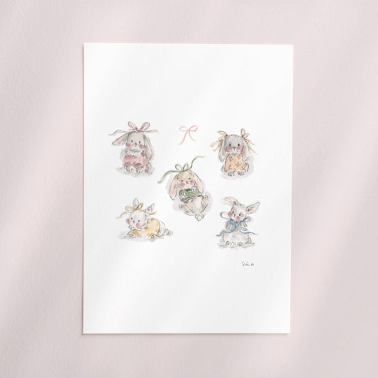 "Baby Bow Bunnies Print"

A hand illustrated watercolour fine art print by Siân Alexia Paine