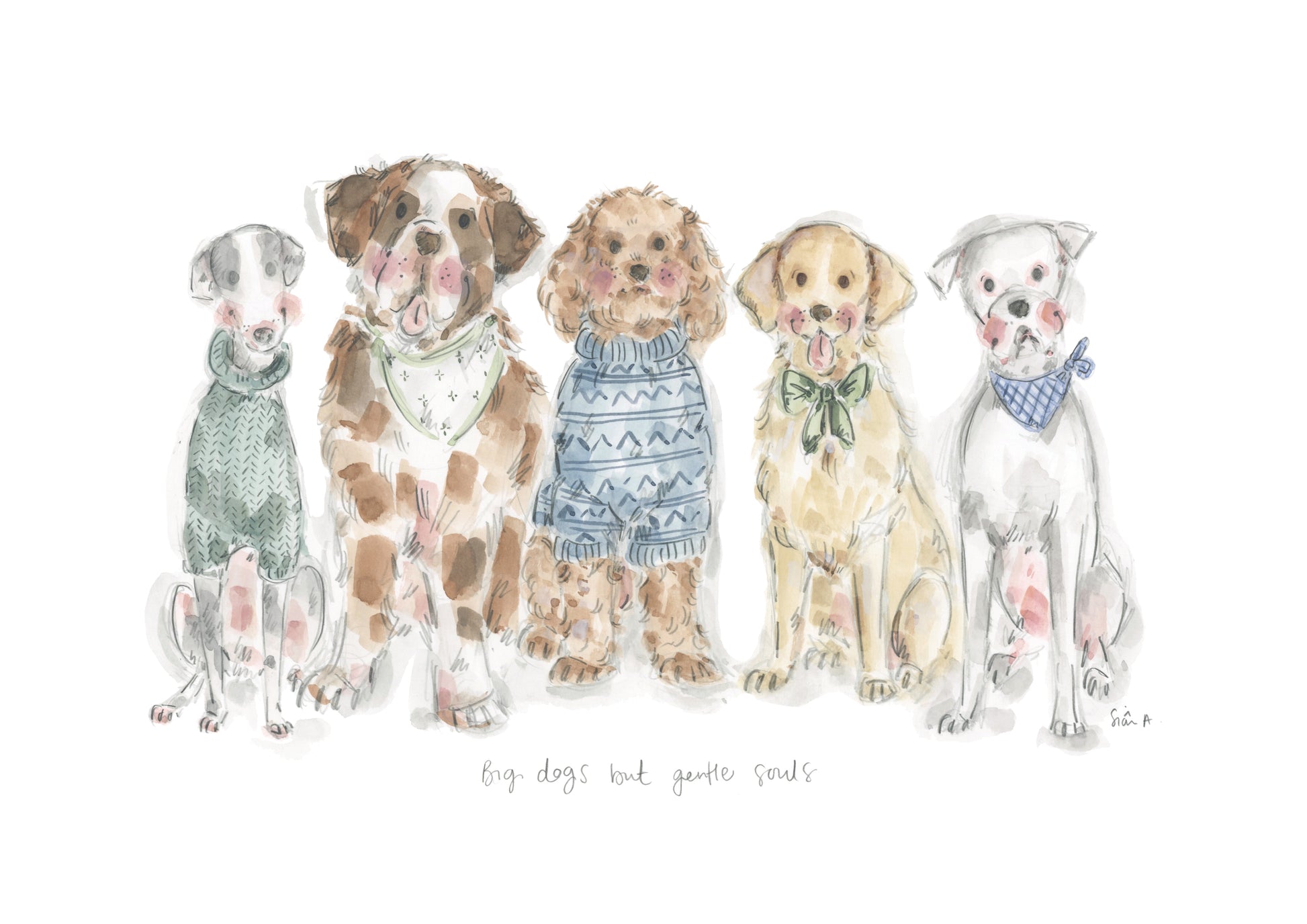 Big Dogs But Gentle Souls Print, Dog Artwork by Sian Alexia Paine. Sian Alexia Illustration 