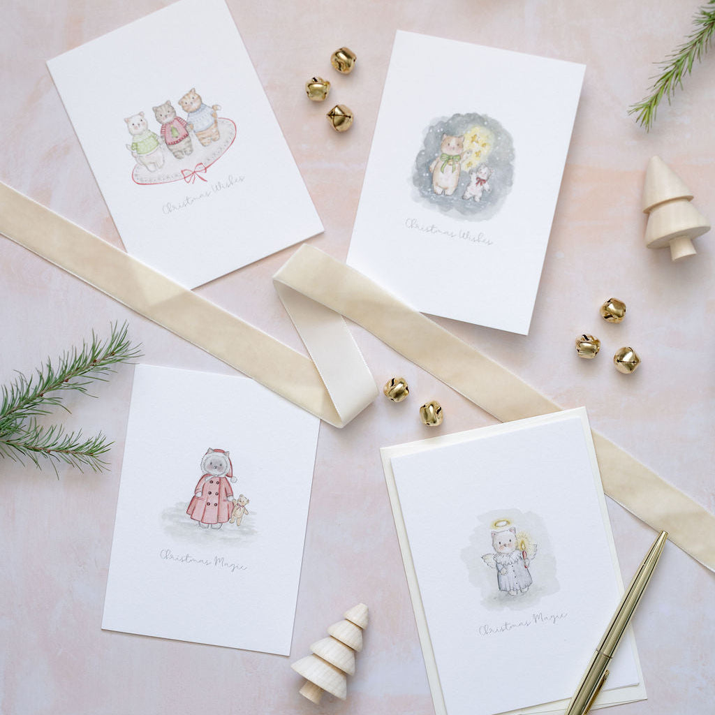 Celebrate the magic of Christmas with Siân Alexia Illustration’s watercolour Christmas Kitten Cards , the perfect festive greeting for cat lovers. Available in sets of 8 or 12, printed in the UK on luxury textured card with cream envelopes.