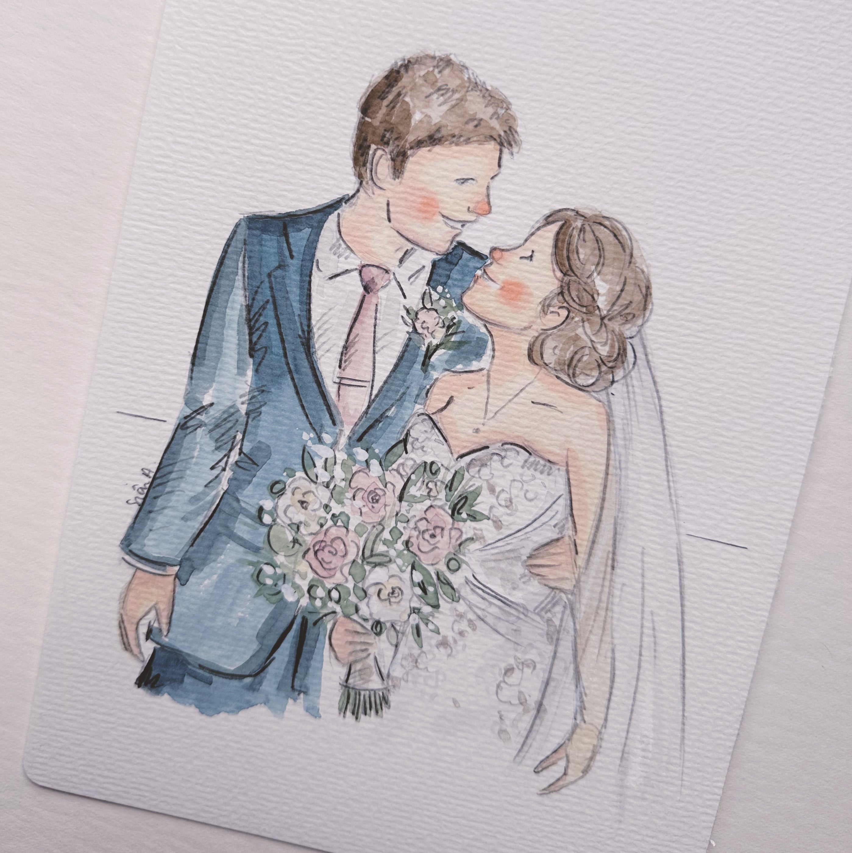 Custom watercolour wedding illustration, bespoke wedding portrait by Siân Alexia Paine artist and illustrator