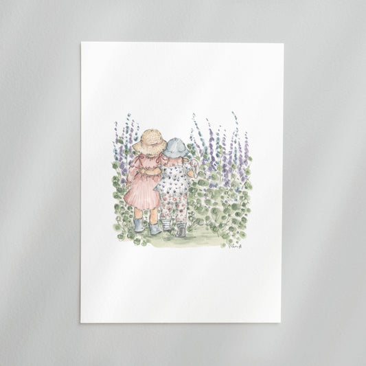 Secret Garden Print, Childhood art print, sisters art print by Sian Alexia Paine 