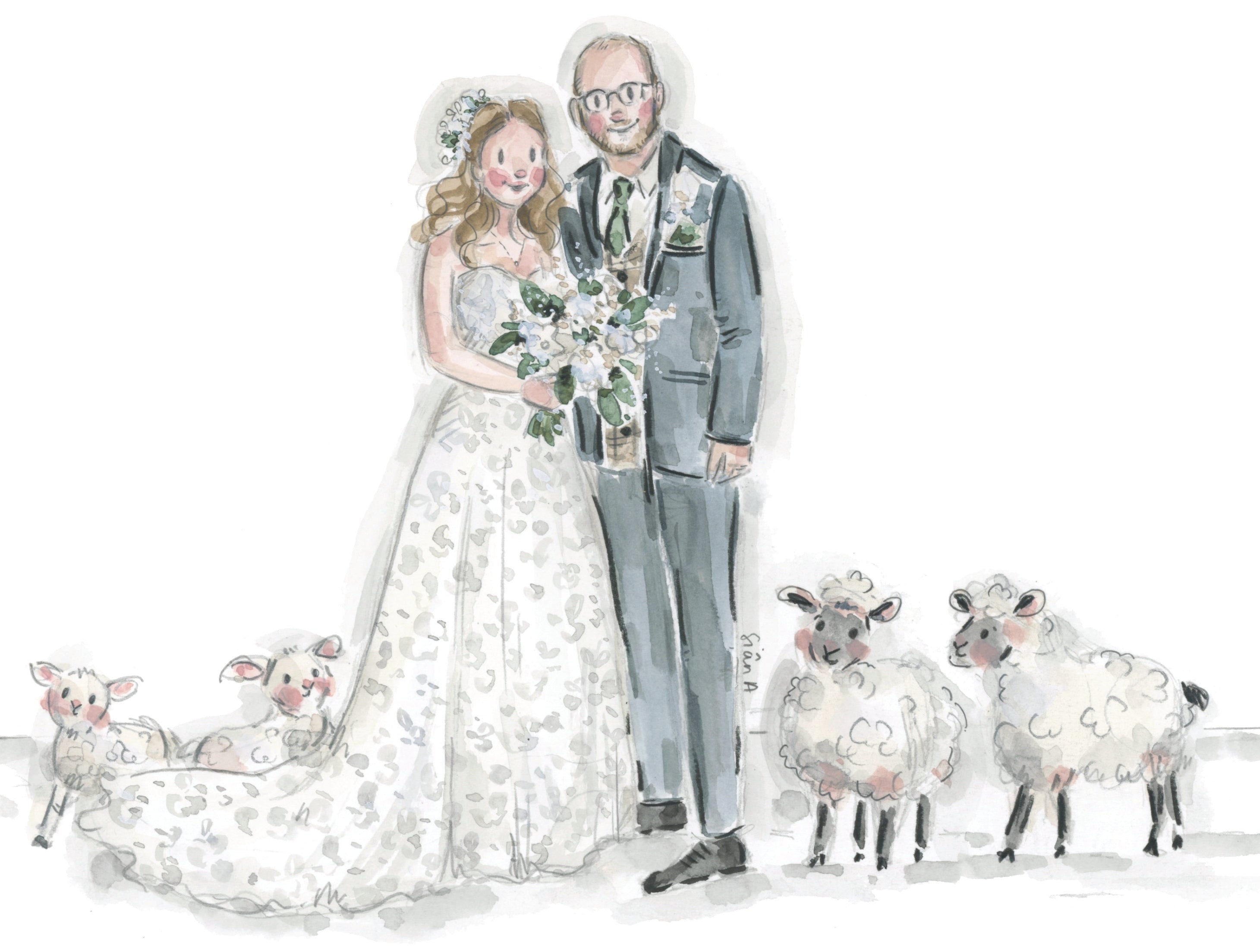 watercolour Illustration of a bride and groom with sheep in wedding attire on a white background by Sian Alexia Paine 