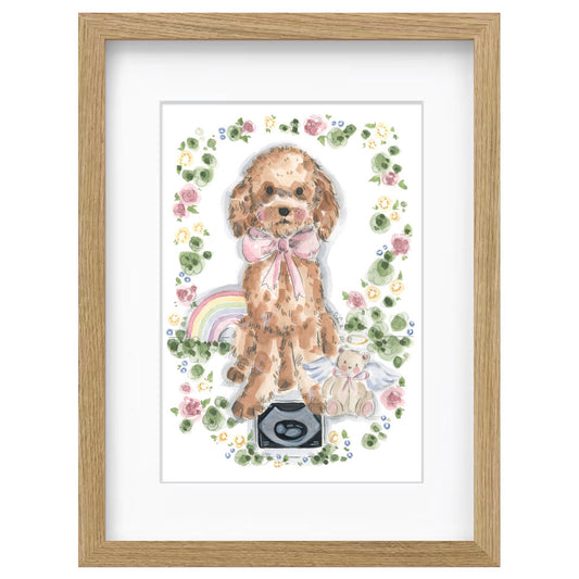 Framed watercolour art print featuring a fluffy light brown dog wearing a pink bow, surrounded by a floral border, a small bunny, and a rainbow, set in a light wood frame with a white mat by Sian Alexia Paine 