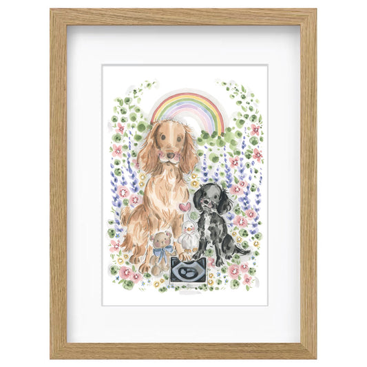 Framed watercolor art print featuring two dogs, a small cat, and a rainbow surrounded by flowers, set in a light wood frame with a white mat by sian alexia paine 