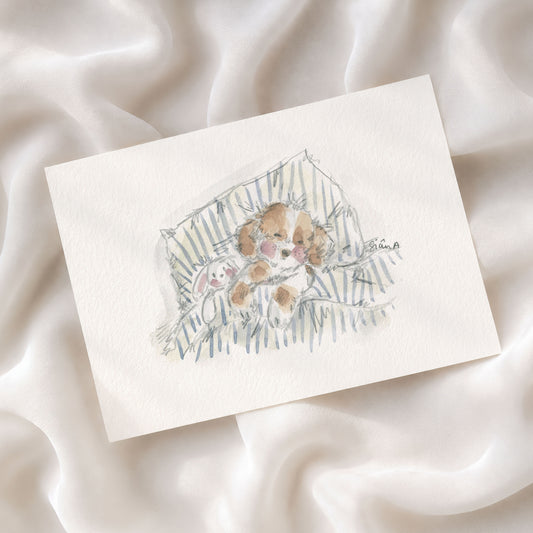 A square art print featuring a watercolour illustration of a cosy dog sleepy in bed, by Sian Alexia Paine 