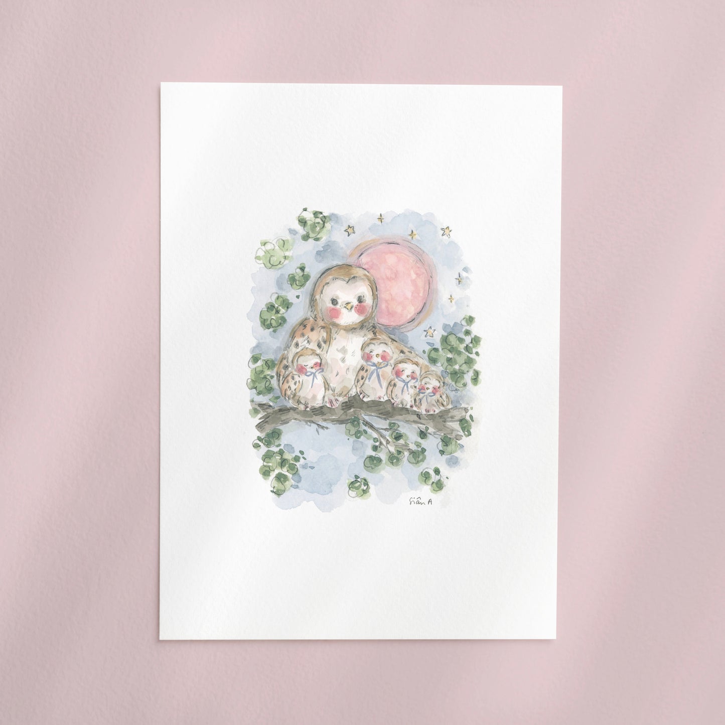 Sleepy Owl Babies Print, Watercolour Art Print Framed by Sian Alexia Paine, Sian Alexia Illustration 