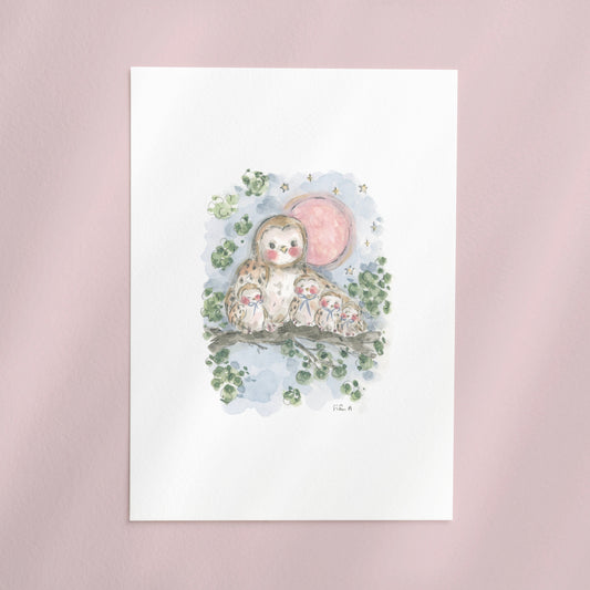 Sleepy Owl Babies Print, Watercolour Art Print Framed by Sian Alexia Paine, Sian Alexia Illustration 
