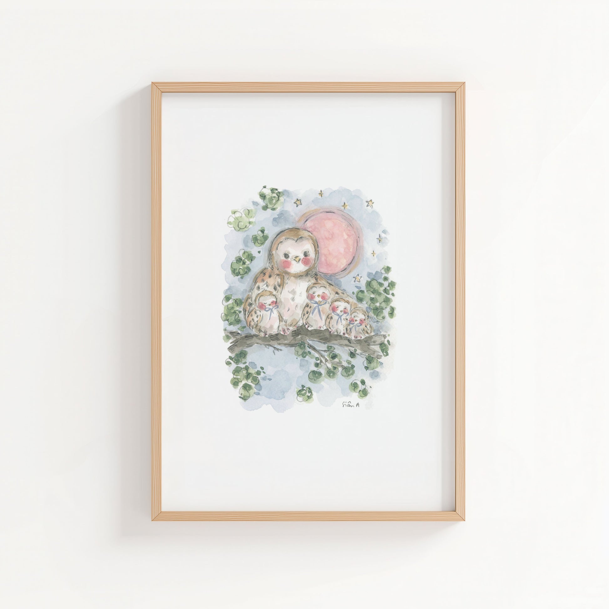 Sleepy Owl babies Print, Art Print Framed by Sian Alexia Paine, Sian Alexia Illustration 