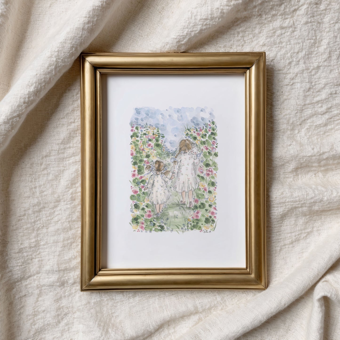 Summer Meadow Sisters Print, sisters art, watercolour art print by Sian Alexia Paine, Sian Alexia Illustration