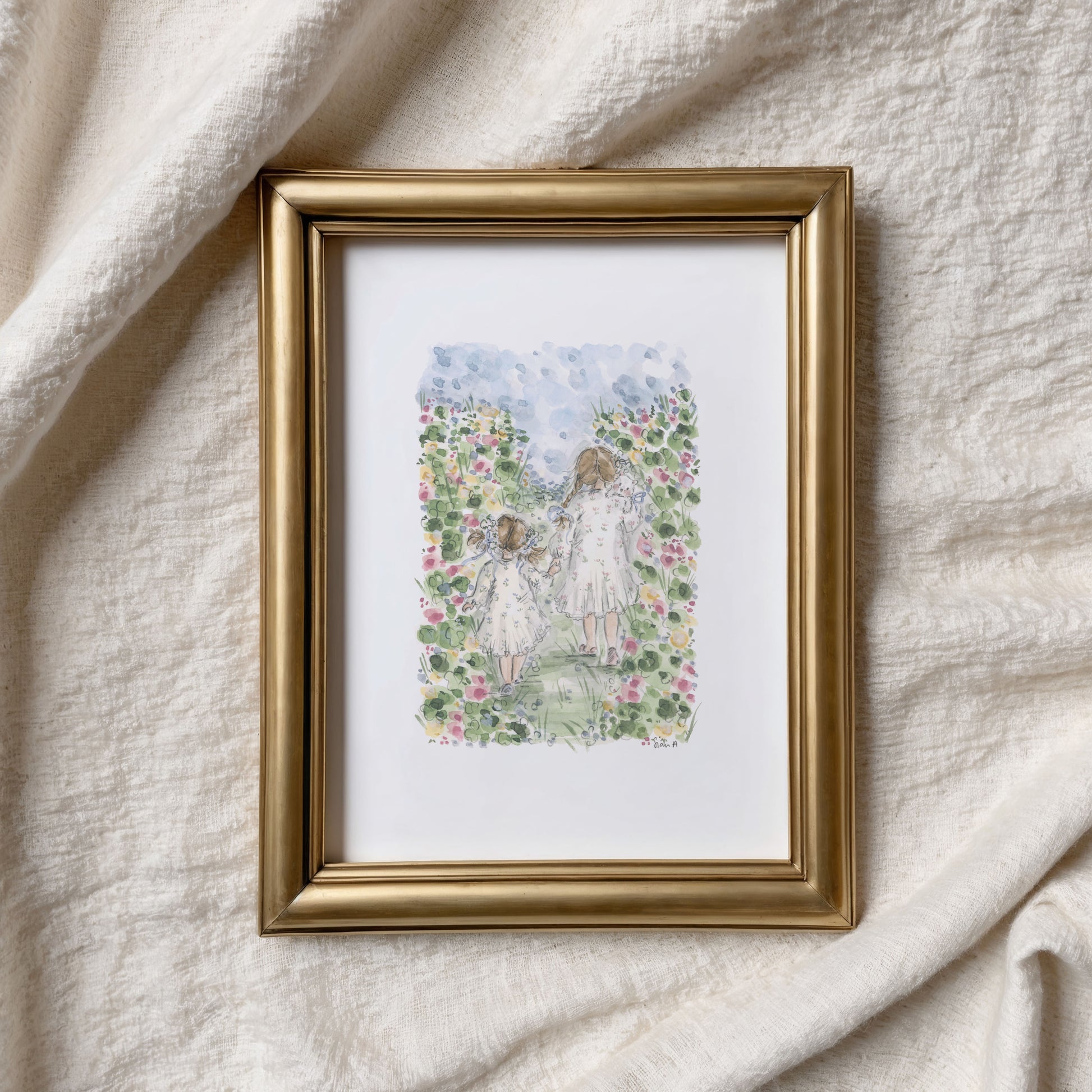 Summer Meadow Sisters Print, sisters art, watercolour art print by Sian Alexia Paine, Sian Alexia Illustration