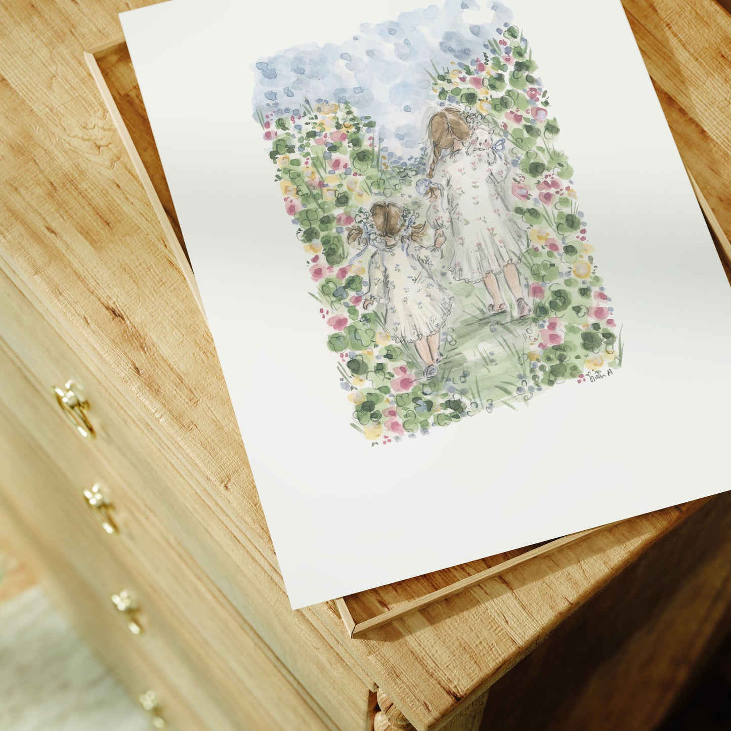Summer Meadow Sisters Print, watercolour art print by Sian Alexia Paine, Sian Alexia Illustration