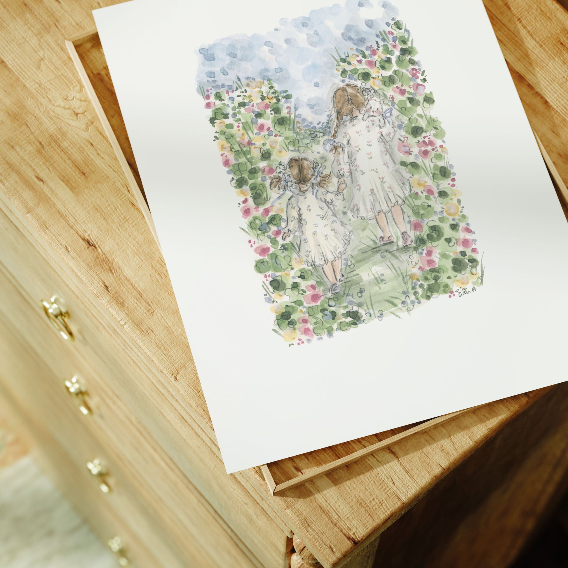 Summer Meadow Sisters Print, watercolour art print by Sian Alexia Paine, Sian Alexia Illustration