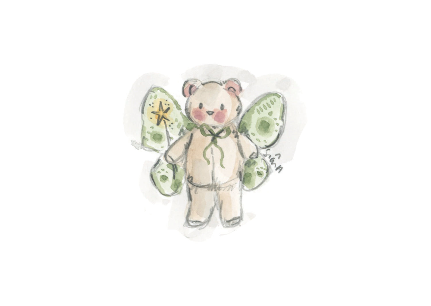 A watercolor illustration of a teddy bear dressed as a fairy, with green patterned wings and a green bow, centered on a plain white background by sian alexia illustration